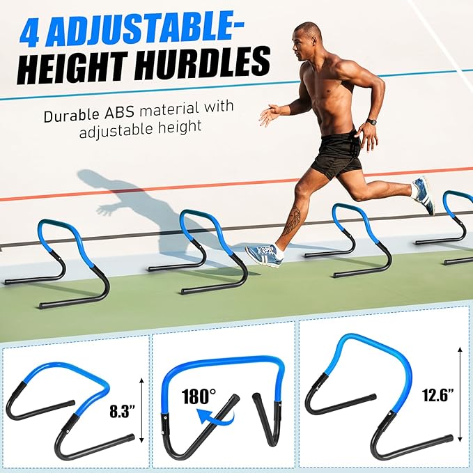 Agility Speed Training Equipment Set, Football Practise Set with 20ft Agility Ladder, 12 Cones, 4 Adjustable Hurdles, Jump Rope, for Basketball, Soccer Training, Football, Kids, Youth, Adults