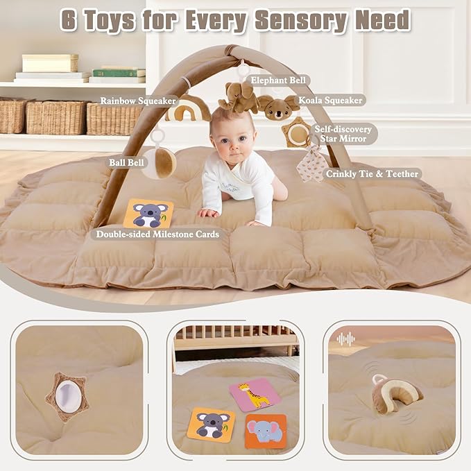 5-in-1 Plush Baby Play Gym, Baby Play Mats, Convertible Baby Gym, Tummy time mat, 6 Sensory Toys, Activity Center, Ball Pit, Brown