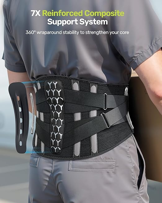 RAKIIE Back Brace for Lower Back Pain Women Men, Ergonomic Support Brace with Lumbar Pad, Adjustable Straps and Soft Breathable Mesh Fabric, Lumbar Support Belt Relief from Sciatica, Gray Size M (Waist: 33.5"-39.4")
