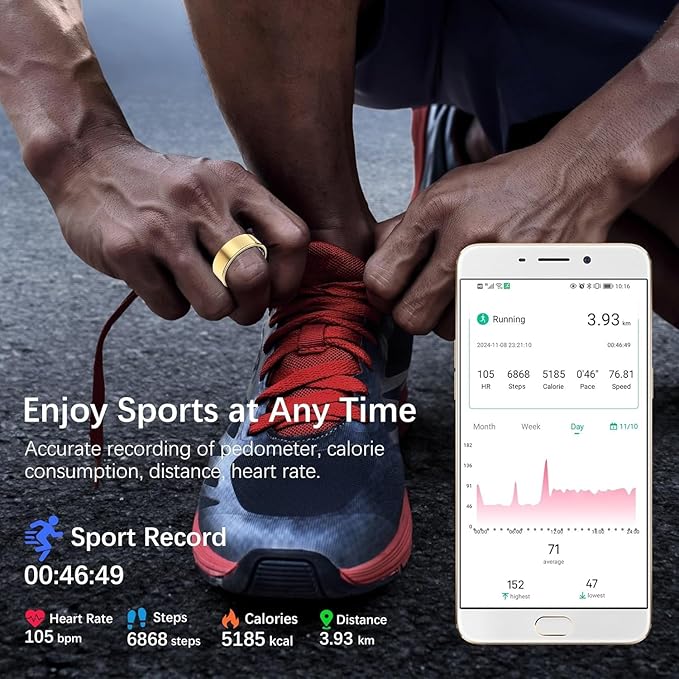 SEEVEN Smart Ring for Women Men, Fit Ring with Heart Rate, Blood Oxygen, HRV, Sleep Monitor, Stress, Step Counter, IP68 Waterproof Fitness Rings for iPhone & Android, No Subscription Fee (Gold, 10#)