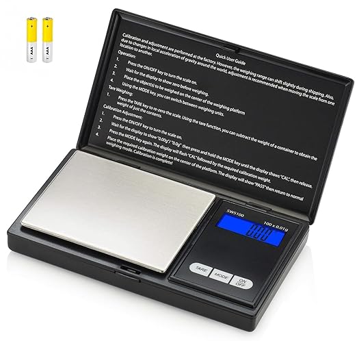 Smart Weigh SWS100 Digital Pocket Scale – 100g x 0.01g High Precision Scale for Reloading, Jewelry, Gems, and Medicine – Backlit LCD, Battery Included, Black