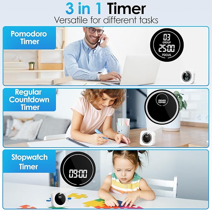 HAUKINIX 99-Minute Visual Timer with Pomodoro Timer Productivity Focus Timer Countdown Stopwatch Desk ADHD for Study, Work, Student, Procrastination, Loud Alarm/Mute/Vibration, 2 Brightness Levels
