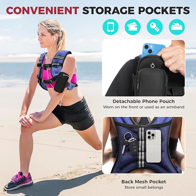BAGAIL Comfort-Fit Weighted Vest for Woman, Even Weight Distribution, Faster Weight Loss, No-Chafe or Bounce for Walking & Running with Detachable Phone Pouch & Reflective Stripes (Available 5-30lbs)