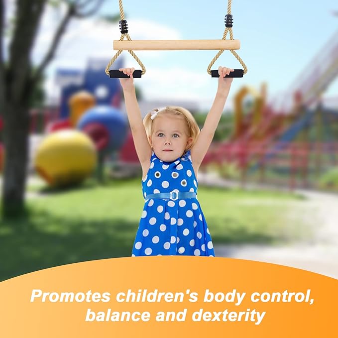 Wooden Trapeze Swing Bar with Gym Rings for Children's Swing Set Indoor Outdoor Garden,Yard,Playground