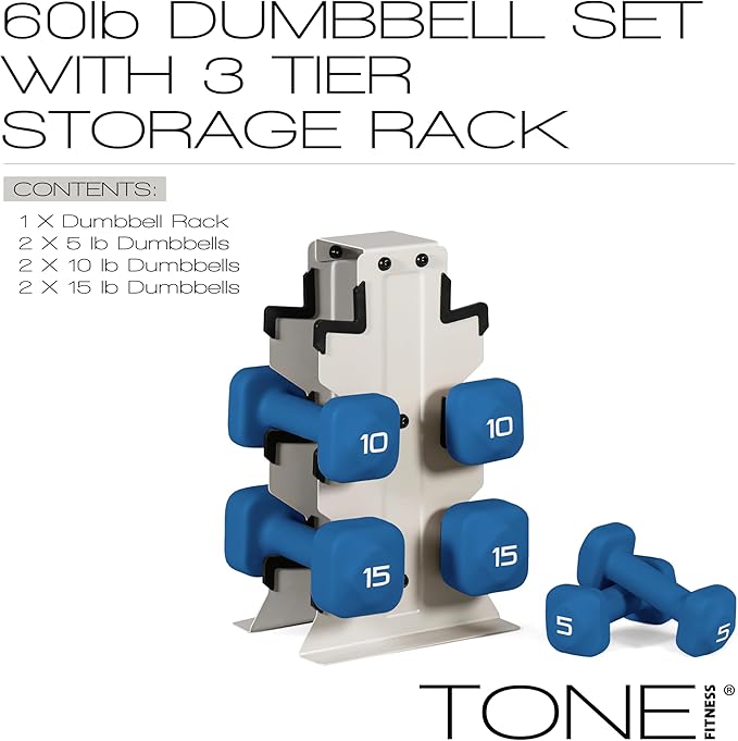 Tone Fitness Neoprene Dumbbell Set with Storage Rack – Non-Slip, Anti-Roll Hand Weights for Home Gym Workouts | 20 lb, 32 lb, 50 lb, 60 lb & 100 lb Options