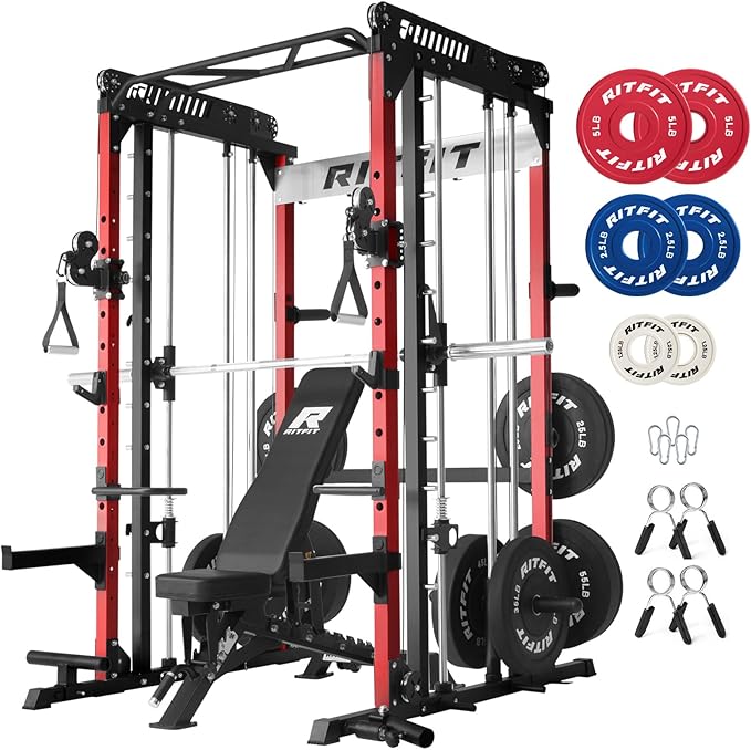 RitFit M1 Pro Smith Machine with Cable Crossover System, Multi-Function Squat Rack Power Cage for Home Gym, Power Rack and Packages