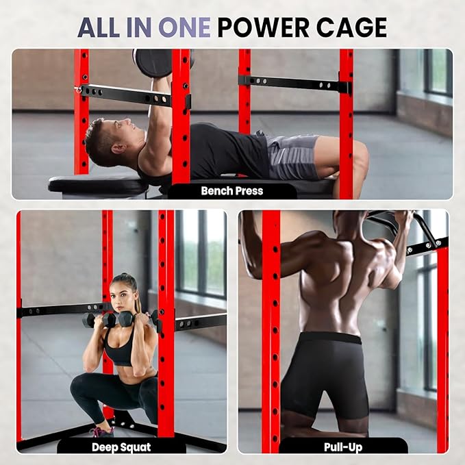 Multi-Function Power Cage, 1200 Lbs Capacity Squat Rack with Adjustable Cable Crossover, Stainless Steel Heavy Duty Fitness Cable Machine, for Training, Exercise Muscles