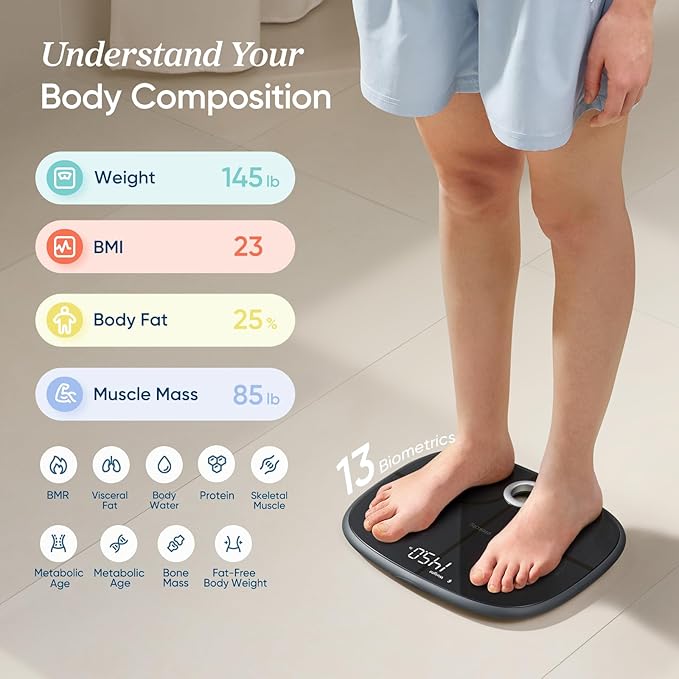 Etekcity Smart Rechargeable Scale for Body Weight, BMI, Fat, Muscle Mass, Digital Bathroom Scale with 13 Metrics, Secret Mode, Bluetooth Connect to Free Apps, Stealth Black