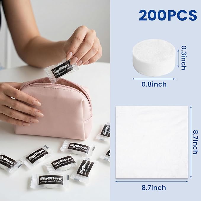 BigOtters 200PCS Compressed Towels, D isposable Face Towels for Travel Cleaning Supplies, Expandable Wipes Tablets Survival Gear and Supplies for Outdoors Camping Hiking Hotel