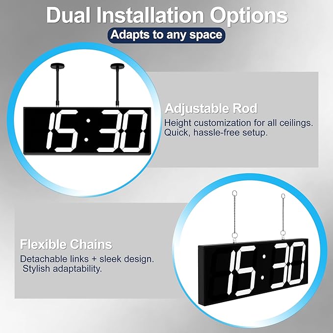 CHKOSDA 19" Double Sided Digital Wall Clock Large, Remote Controlled LED Dual Face Clock with White Digits, Auto-Dimming, Heat-Resistant Frame for Hospital, Office, School, AC Powered.
