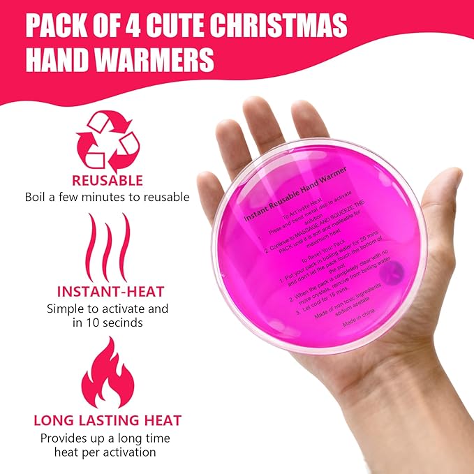 4 Pcs Christmas Pocket Hand Warmer,Reusable Snap Portable Lasting Heating Hands Heater,Pouch Gel Cute Long Lasting Warmth for Camping,Outdoor Xmas Pattern, for Women Men (YX)