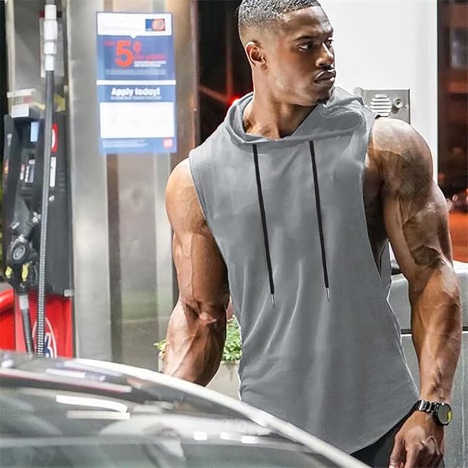 Babioboa Men's Workout Hooded Tank Tops Sports Training Sleeveless Gym Hoodies Bodybuilding Cut Off Muscle Shirts