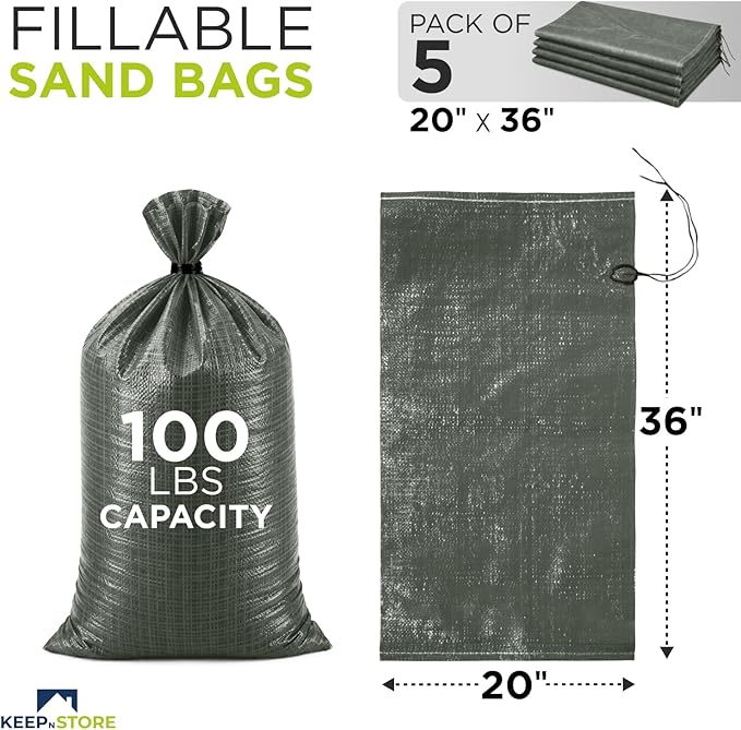Heavy Duty Sand Bags Pack of 5, Army Green Empty Sandbags with Built-In Ties, Woven Polypropylene UV Protection 1600 Hours, Fillable Bags for Flood Control, Weight, 20x36 inches, 100 Pounds Volume