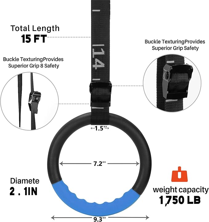 Teamaze Gymnastic Rings with 15 FT Adjustable Straps Non-Slip Gymnastics Rings Pull Up Workout Rings for Home Gym Exercise, Training