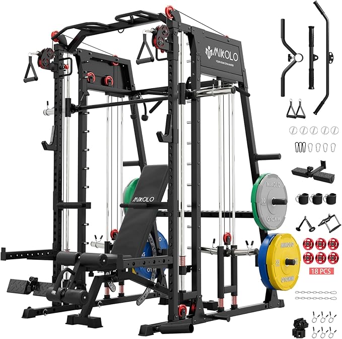 Mikolo M4 2.0 Smith Machine, 2200lbs Squat Rack with LAT-Pull Down System & Cable Crossover Machine, Training Equipment with Leg Hold-Down Attachment
