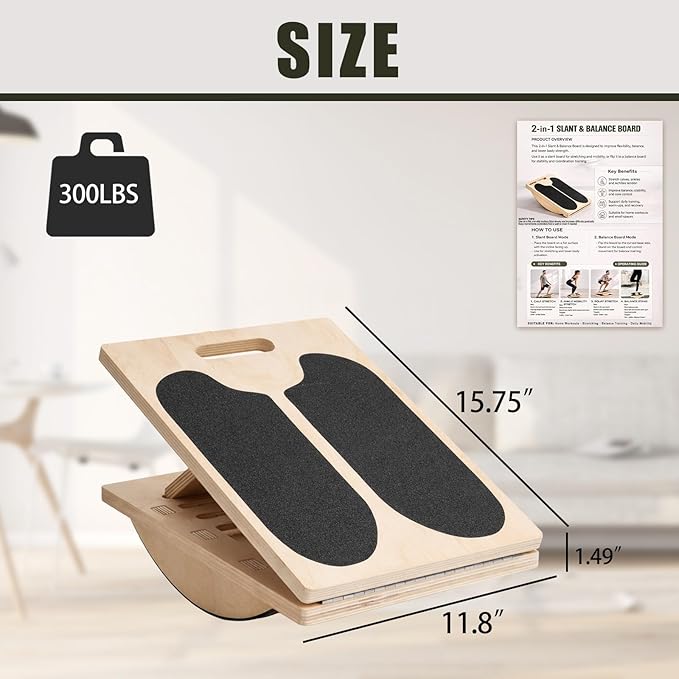 2-in-1 Slant Board & Balance Board, Adjustable Wooden Incline Calf Stretcher & Ankle Mobility Trainer With Training Poster, Anti-Slip Wobble Board for Physical Therapy, Stability Training, Home Gym