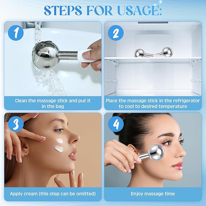 Baderke 2 Pcs Ice Globes for Face Stainless Steel Cooling Globes Unbreakable Cooling Roller Women Ice Balls Cryo Sticks Facials Skin Care for Dark Circles, Puffiness(Silver (White Handle))