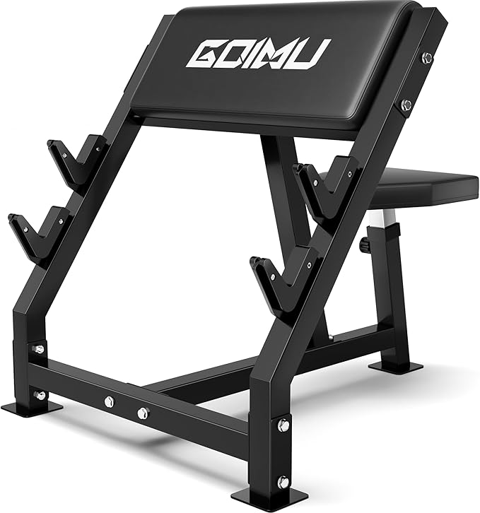 PC01 Preacher Curl Bench, Seated Arm Isolated Barbell Dumbbell Bicep Station, Adjustable Bicep Curl Machine with 2 Bar Holders for Home Gym