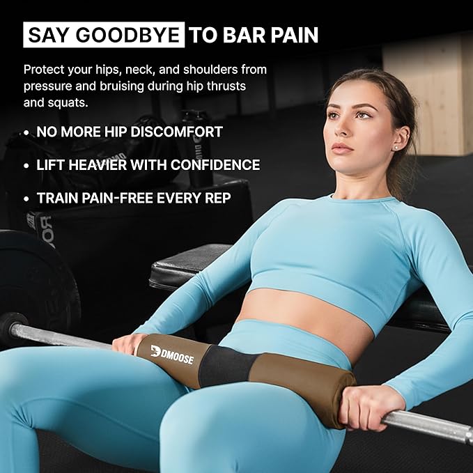 DMoose Fitness Barbell Pad for Hip Thrust, Squat & Lunges - Non-Slip Thick Foam Cushion for Neck and Back Support with Two Straps - Hip Thrust Pad for Leg Day - Fits All Olympic Bars and Smith Machine