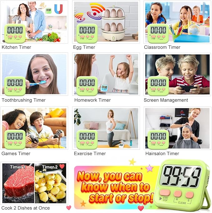Antonki 2 Pack Digital Timer for Kids, Magnetic Countdown Kitchen Timers for Cooking, Egg, Classroom, Teacher, Exercise, Study, Oven - Battery Included