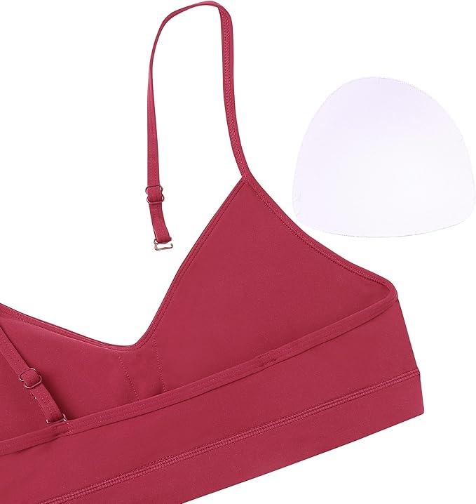 Oalka V Neck Sports Bra for Women Adjustable Padded Thin Straps Wireless Yoga Bras