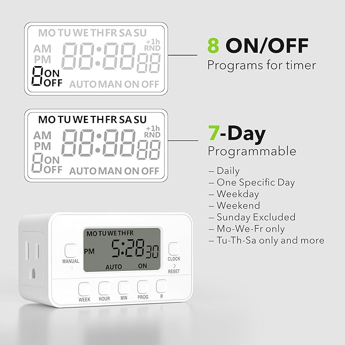 BN-LINK 7-Day Heavy Duty Digital Timer with Dual Outlet, LCD Display, 3-Prong Programmable Design, for Lights, Fans, Coffee Machine, Home, Kitchen, Office, Indoor Use, 125V 15A 1875W, 1 Pack