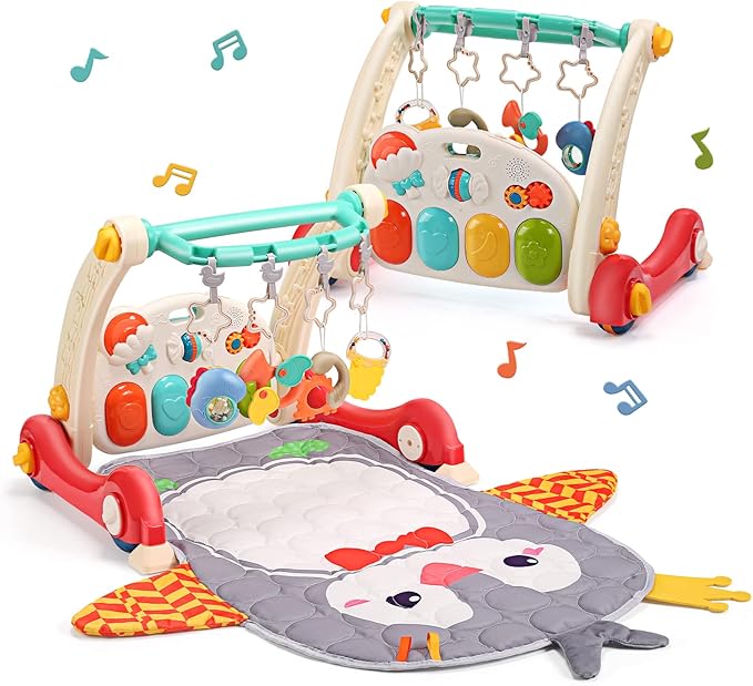 CUTE STONE Baby Play Gym & Learning Walker, Baby Play Mat with Play Piano, Musical Activity Center with Lights, Baby Push Walkers & Thin Playtime Mat for Infant Newborn Toddlers