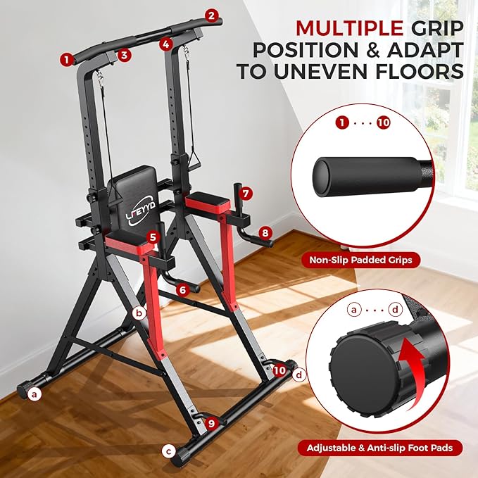 Power Tower Pull Up Bar Free Standing - 13-Level Adjustable Height Dip Station with X-Frame Stability, Multi-Grip Handles, Backrest, Anti-Slip Foot Pads - Home Gym Strength Training Equipment