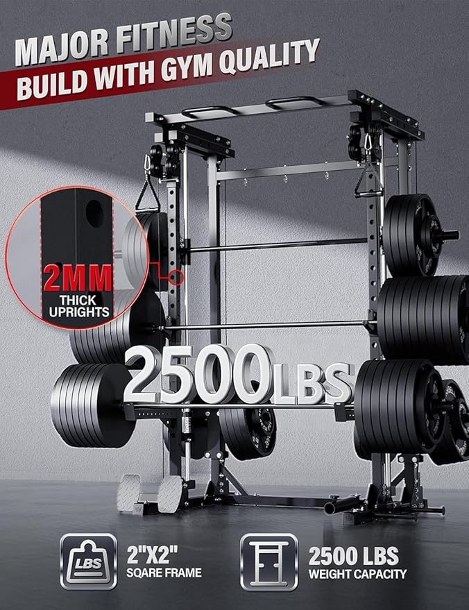 MAJOR FITNESS Drone3 Smith Machine, 2500lbs All-in-One Home Gym Power Rack with Dual Pulley System for Cable Crossover, Pull-Up Bars