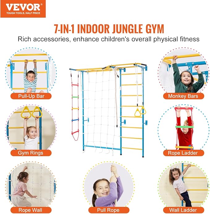 VEVOR Indoor Jungle Gym for Toddlers, 7-in-1 Climbing Playset with Carbon Steel Swedish Ladder, Wall Ladder, Pull-Up Bar, Rope Ladder, and Gymnastic Rings, Supports 220 lbs, Multicolor