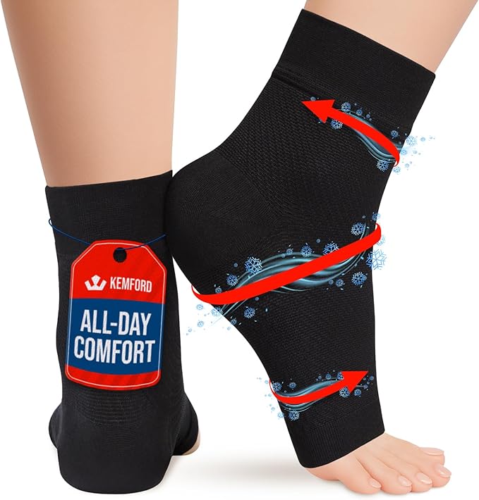 KEMFORD Ankle Compression Sleeve - 1-Pair, Plantar Fasciitis Braces - Open Toe Compression Socks for Swelling, Sprain, Neuropathy, Arch Support for Men and Women