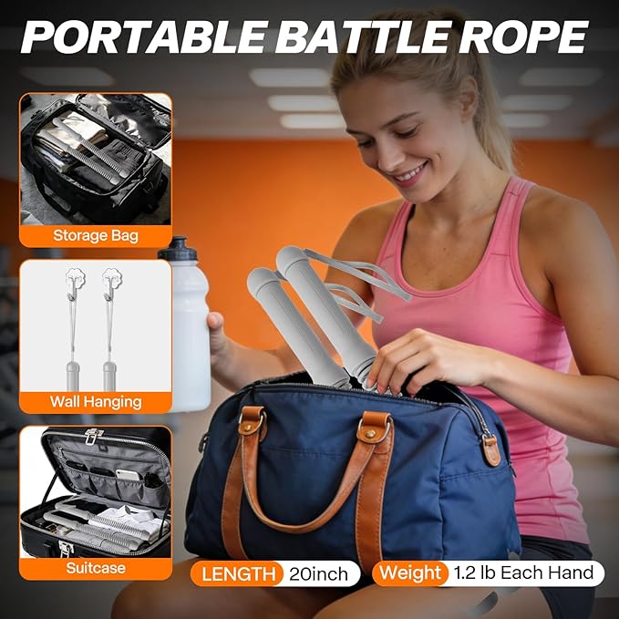 Ropeless Battle Ropes — 1.76LB Weighted 2 Pack Portable Cordless Battle Ropes with Training Gloves for Home Gym HIIT Cardio, Quiet Training Equipment for Apartments, Men & Women (Grey)