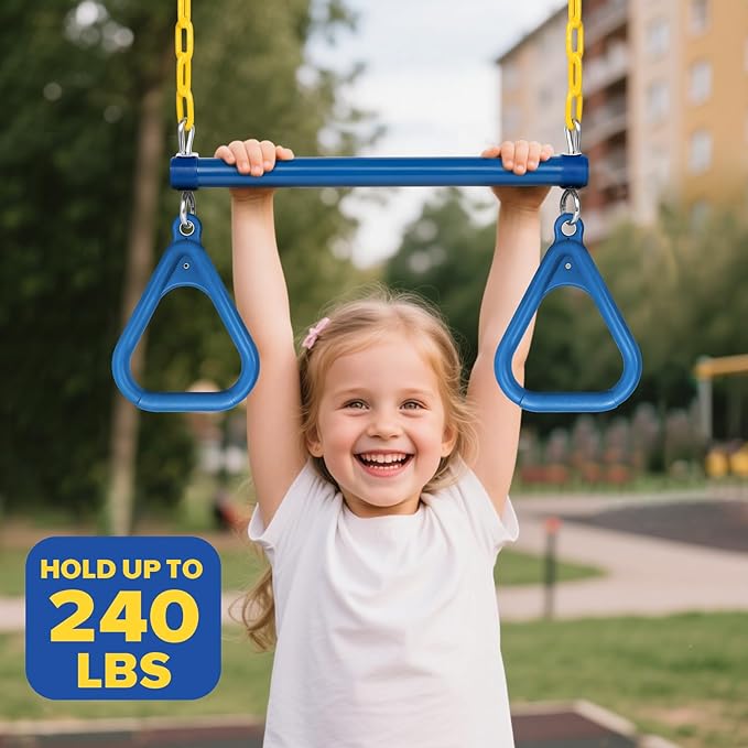 LadyRosian 17" Trapeze Bar Swing Set Gym Rings 47" Heavy Duty Chain Swing Set Accessories with Locking Carabiners Plastic Coated Chains Monkey Bars for Backyard, Playroom (Blue)