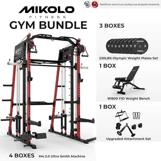 Mikolo M4 2.0 Smith Machine, 2200lbs Squat Rack with LAT-Pull Down System & Cable Crossover Machine, Training Equipment with Leg Hold-Down Attachment