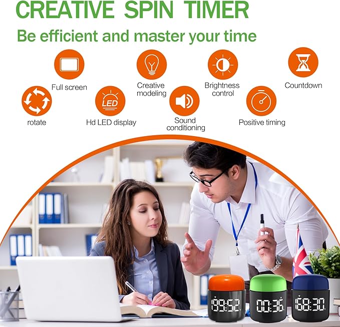 Large Display Digital Timer Stopwatch, Retro Manual Twist Table Count Down & Up Game Timer, Easy to use, Night Light Silent & Sound Timers for ADHD Study Work Kitchen Classroom Yoga Gym (Tangerine)