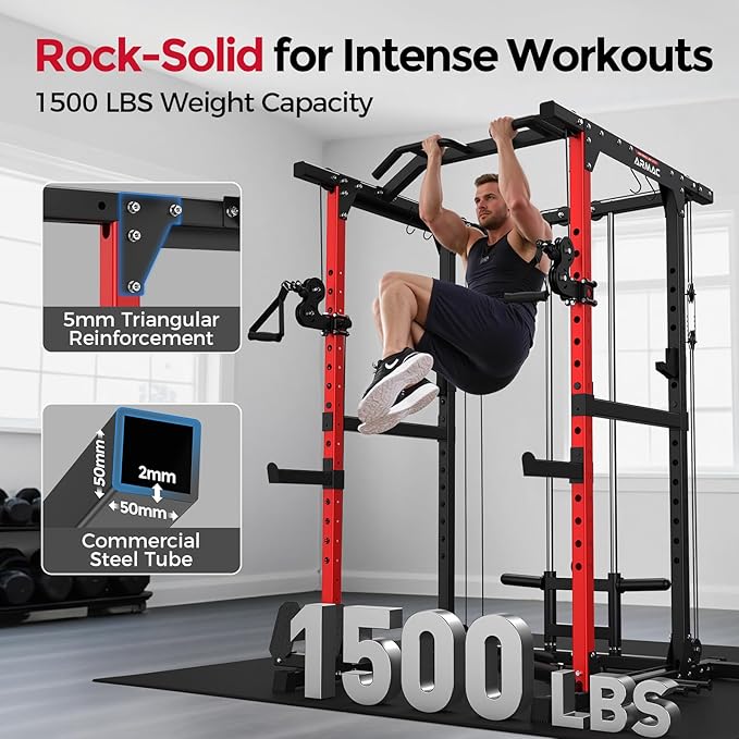 ARMAC Power Cage,1500lbs Multi-Function Power Rack with Adjustable Cable Crossover System and More Training Attachment, Weight Cage for Home Gym