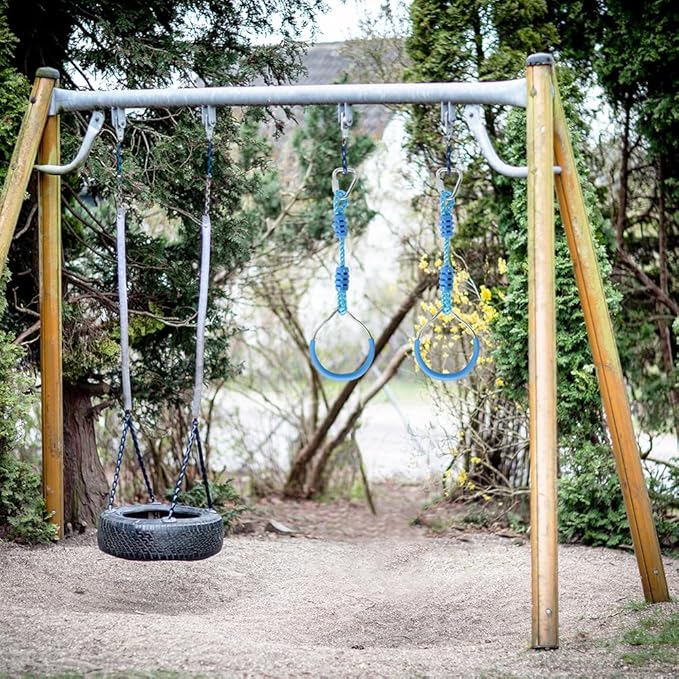American Ninja Warrior Obstacle Course Playset Ninja Ring Fist Swing Monkey Bars For Outdoor Indoor Jungle Gym, 2 Blue Hanging Climbing Rings Backyard Playground Training Equipment Fitness Ring
