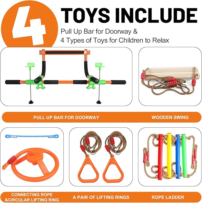 Doorway Swing for Kids & Door Pull Up Bar for Adults, Indoor Kid Swing with 4 Accessories, Multi-Function Doorway Gym, Fits Door Frame 24.41-30.51'' W x 3.94-6.69'' Thickness (Orange)