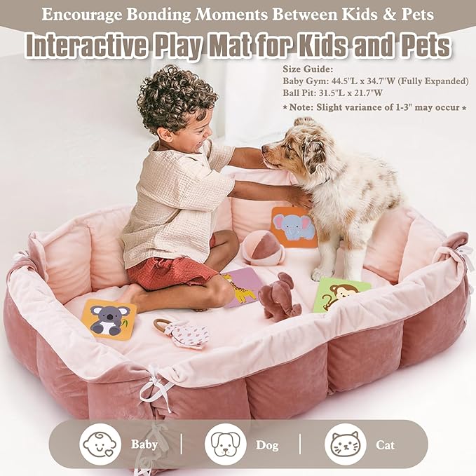 5-in-1 Plush Baby Play Gym, Baby Play Mats, Convertible Baby Gym, Tummy time mat, 6 Sensory Toys, Activity Center, Ball Pit, Pink