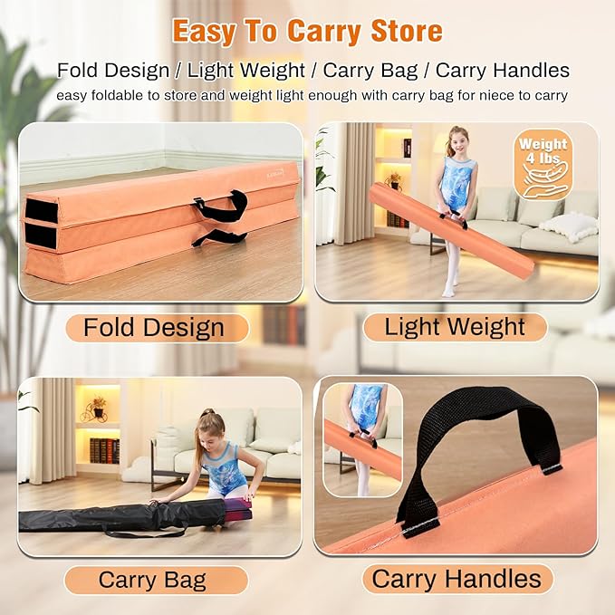 MARFULA 6 FT / 8 FT / 9 FT Folding Gymnastics Beam Foam Balance Floor Beam - Extra Firm - Suede Cover - Anti Slip Bottom with Carry Bag for Kids/Adults Home Use