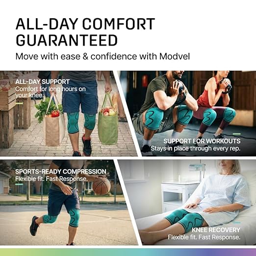 Modvel 2 Pack Knee Brace for Women & Men - Knee Support for Walking, Knee Compression Sleeves for Pain Relief, Knee Sleeves for Women, Knee Sleeves for Men, Knee Brace for Sports, Workouts & Arthritis