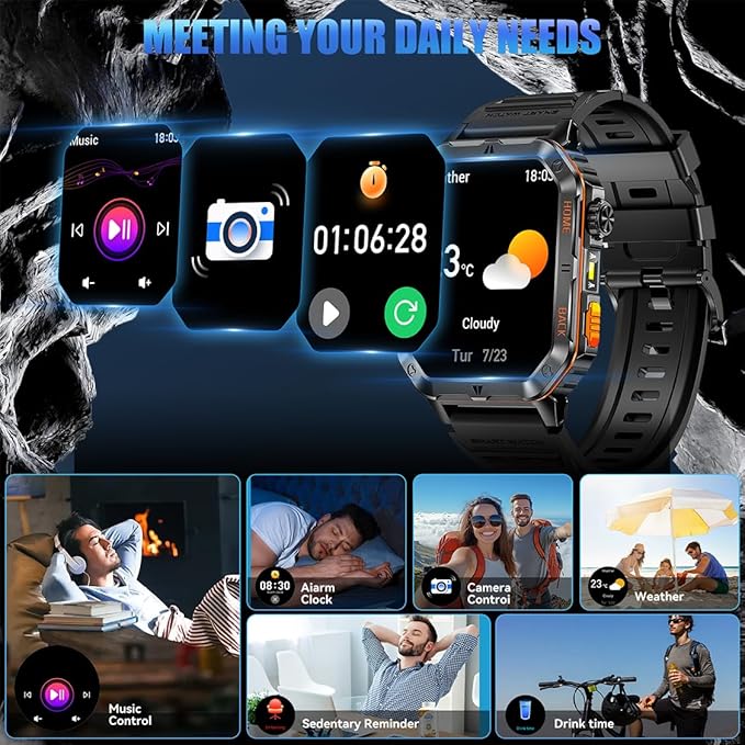 Military Smart Watch for Men, 2.01” Fitness Tracker with 1200mAh Battery Life, Bluetooth Calling, Flashlight, 5ATM Waterproof, Heart Rate & Sleep Tracking, 110+ Sports Modes for Android & iPhone