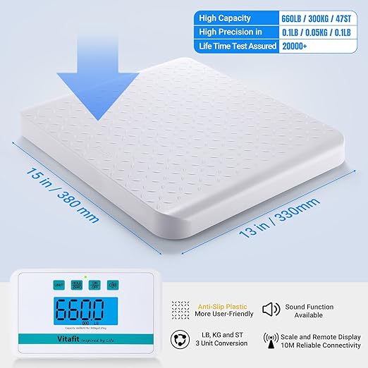 Vitafit Medical Grade Floor Scale, 660lb Accuracy 0.1lb by Our Professional Factory Since 2001, Smart Scale for Body Weight 15" x 13" Non Slip Platform, Hospital, Physician & Workshop Use, White