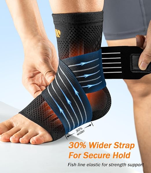 Low-Profile Ankle Brace for Women & Men, Customizable Ankle Compression Sleeve w/Wide Strap, Foot Support Wrap for Plantar Fasciitis Pain Relief, Achilles Tendonitis, Sprain, Black, 1 Pair, XXL