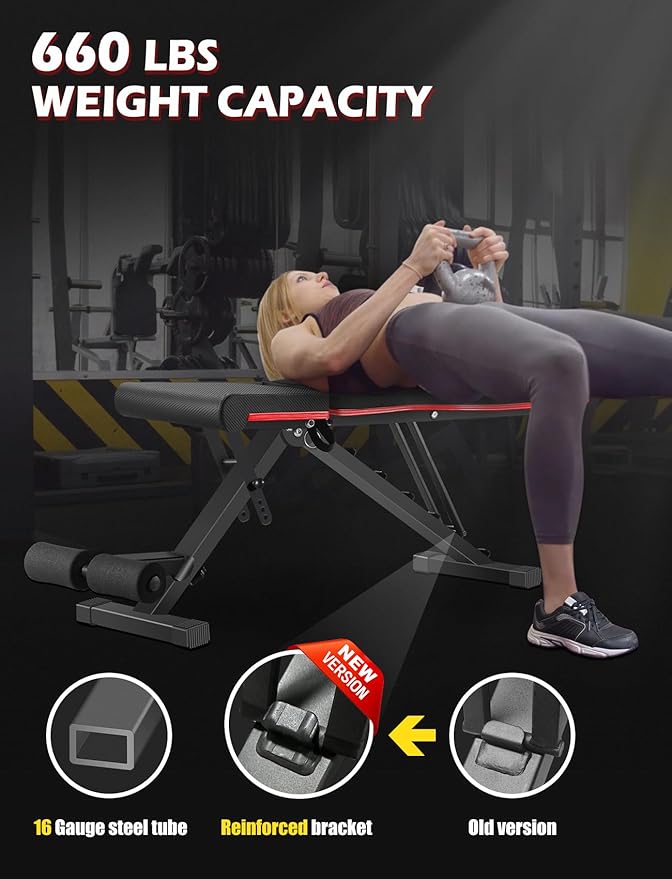 LINODI Adjustable Weight Bench for Home Gym，Foldable Incline Decline Flat Workout Bench for Full Body Strength Training, Dumbbell Press & Ab Exercises