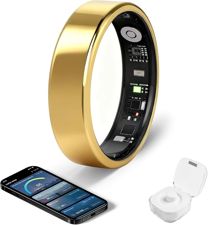 Smart Ring - Free Heart Rate SpO2 Sleep Tracker | No Subscription | IP68 Waterproof Fitness Tracker | 24/7 Activity Monitor | Step Counter & Stress Tracking | Sleep & Workout (Gold, 9)