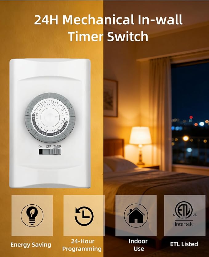 24-Hour in-Wall Mechanical Timer Light Switch,15A 30-Minute Intervals Wall Timer Switches,Light Timers for Lamps Indoor,Neutral Wire Required,Dial Timer for Lights,Fan,ETL Listed
