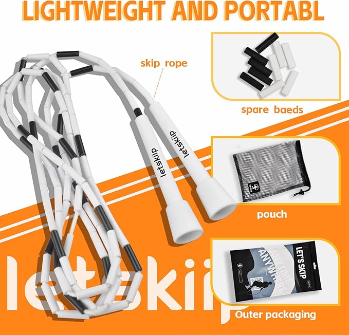 Classic Beaded Jump Rope for Beginners & Adults - Tangle-Free Segmented PP Skipping Rope for Rhythm & Fitness - Adjustable Hard Bead Design with 10 Spare Beads & Bag