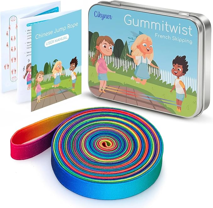 Cikyner Chinese Jump Rope, 4m Long 1.5cm Wide Elastic Chinese Ropes with Instructions French Skipping Rainbow Band for Indoor and Outdoor Children Jumpsies Games, Ideal for Gifts for Girls and Boys