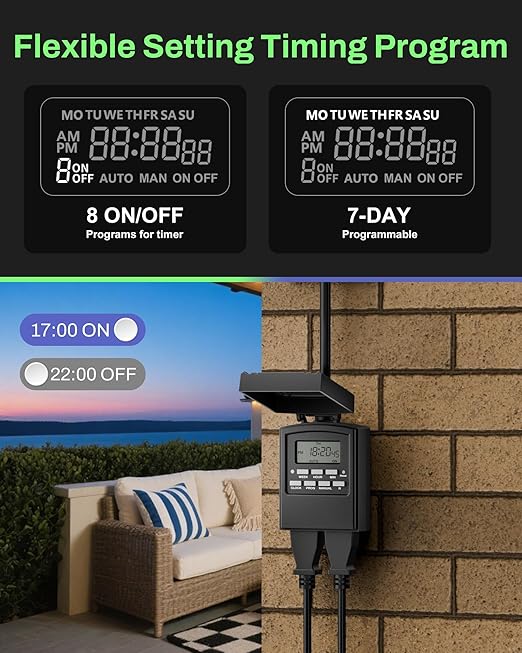 BN-LINK 7 Day Outdoor Heavy Duty Digital Programmable Timer, Outdoor Timer Outlet Waterproof, 2 Grounded Electrical Outlets for Christmas Lights, 15A 1/2HP,ETL Listed（2 Pack）